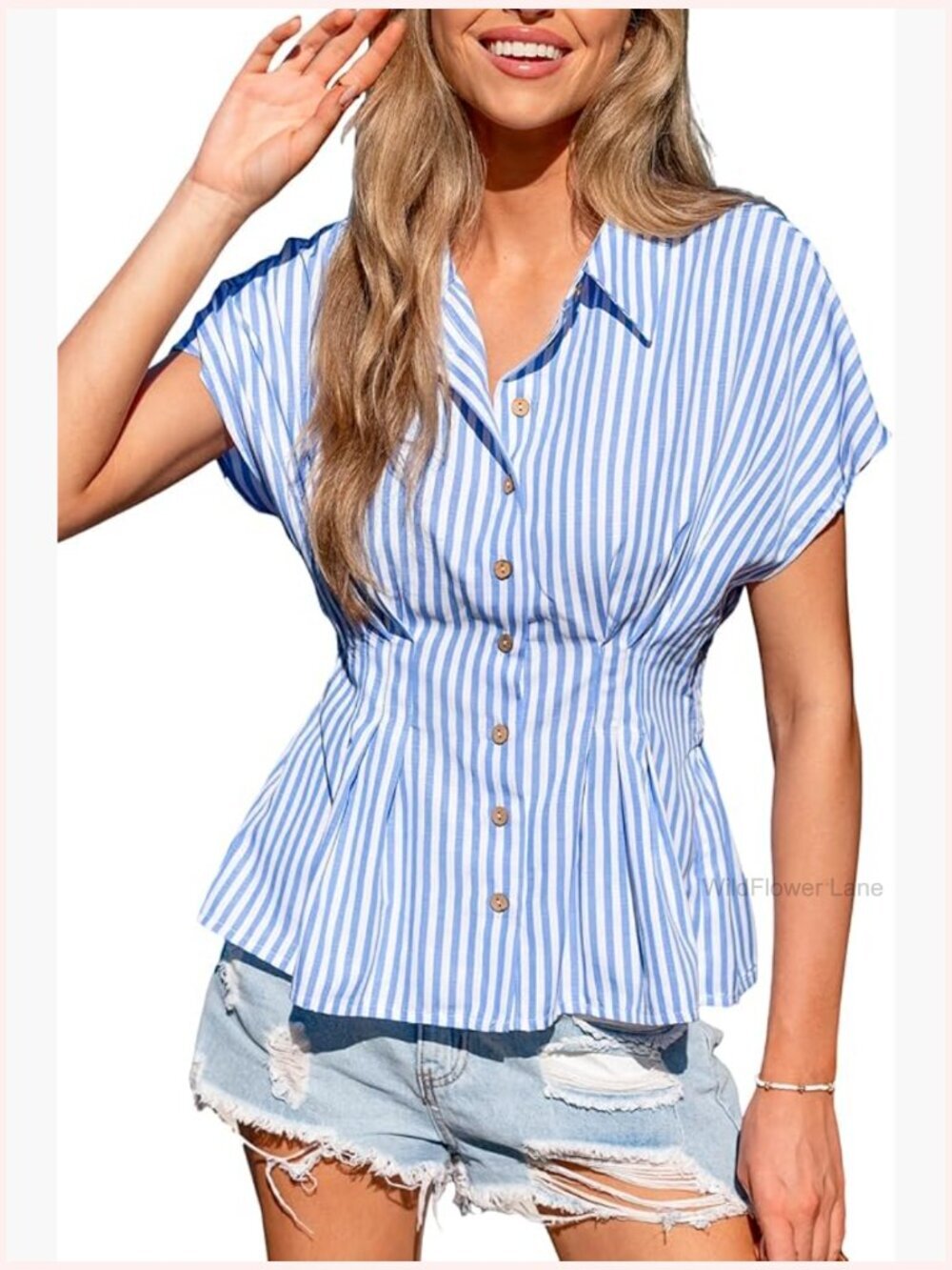Striped Button Down Blouse with Peplum - Summer Business Casual Short Sleeve Top